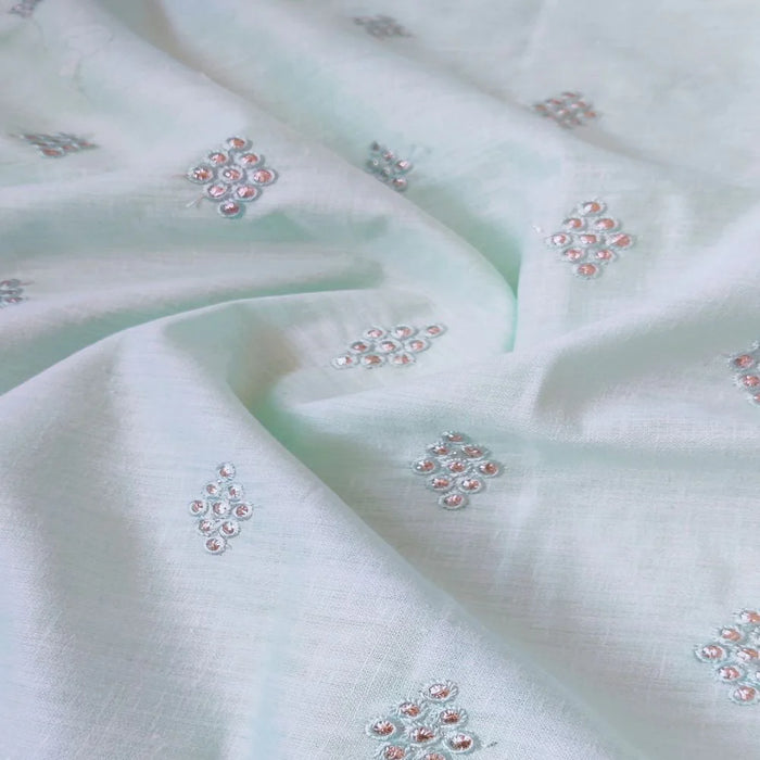 Light Mint Green Motifs Embroidered Zardozi Cotton-Linen Fabric