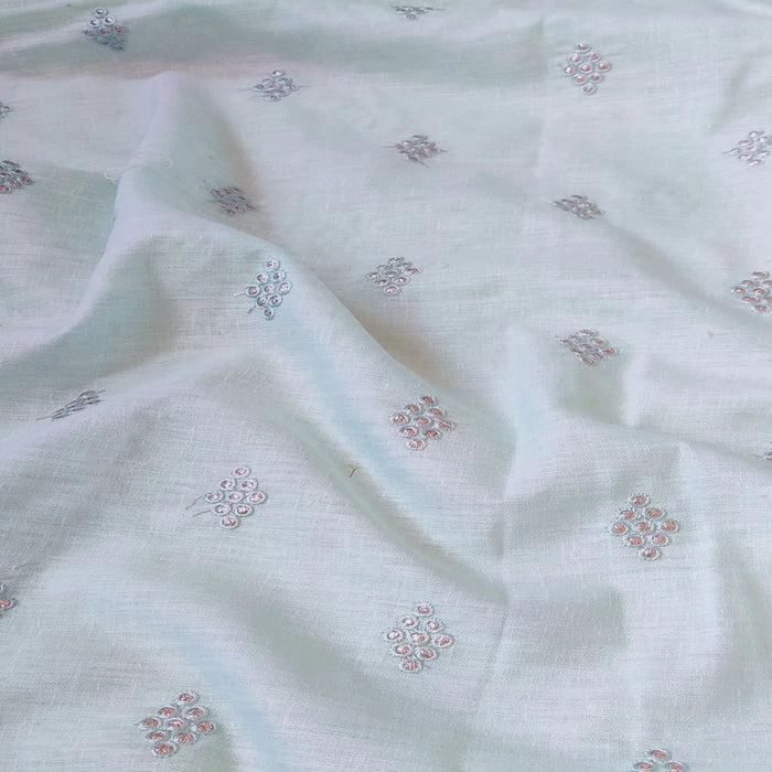 Light Mint Green Motifs Embroidered Zardozi Cotton-Linen Fabric