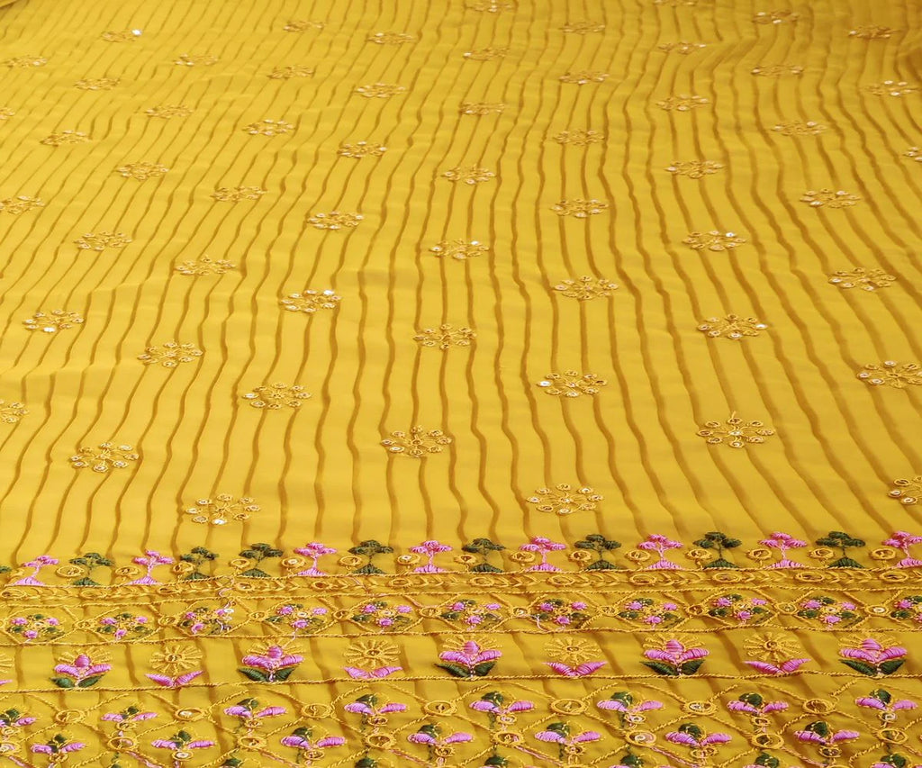 Mustard Traditional Pleated Thread & Sequins Embroidered Daaman Georgette Fabric