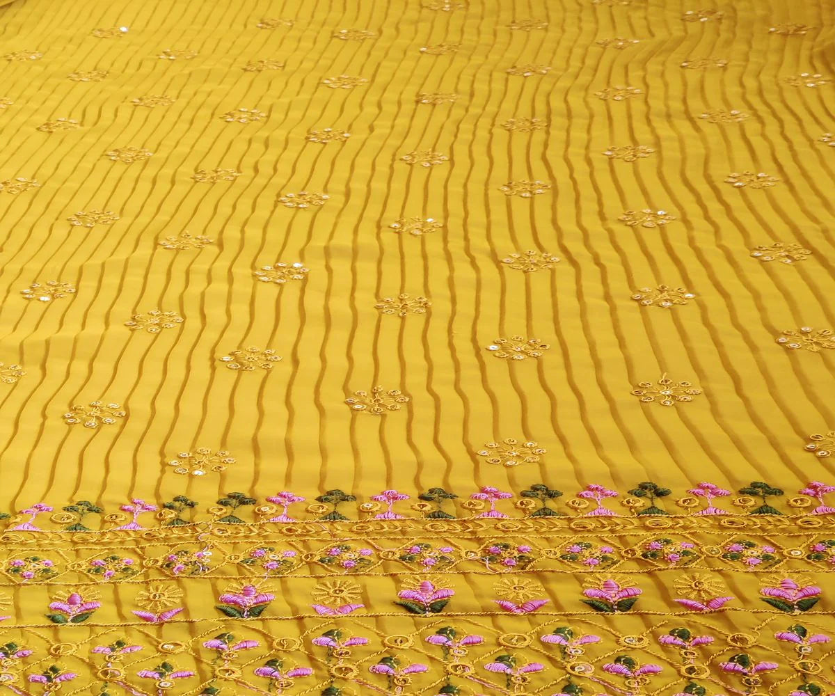 Mustard Traditional Pleated Thread & Sequins Embroidered Daaman Georgette Fabric