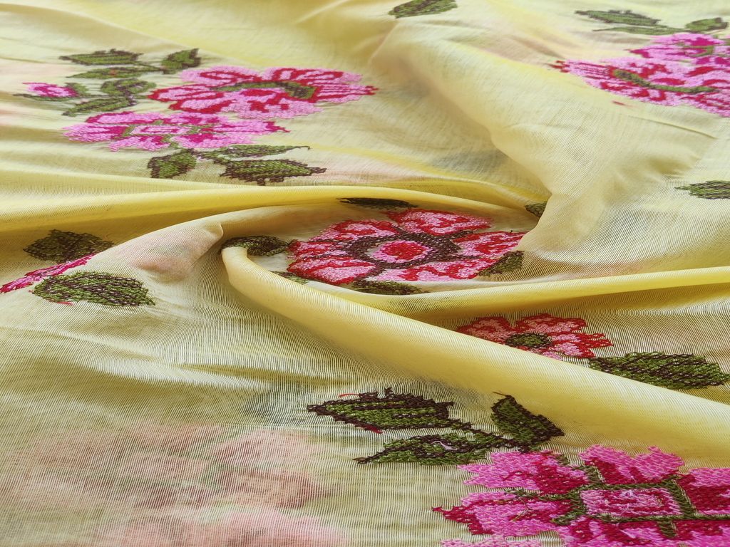 Yellow Floral Cross Stitch Embroidered Chanderi Fabric
