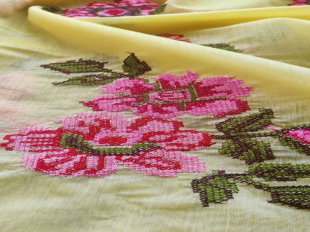 Yellow Floral Cross Stitch Embroidered Chanderi Fabric