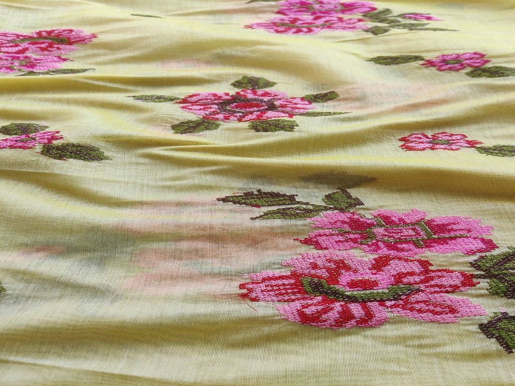 Yellow Floral Cross Stitch Embroidered Chanderi Fabric