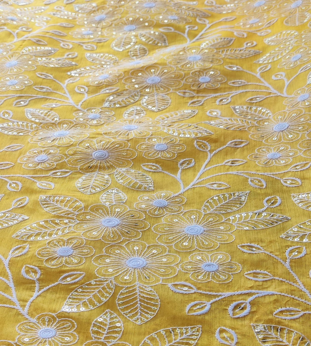 Yellow & White Floral Sequins & ChikanKari Chanderi Fabric