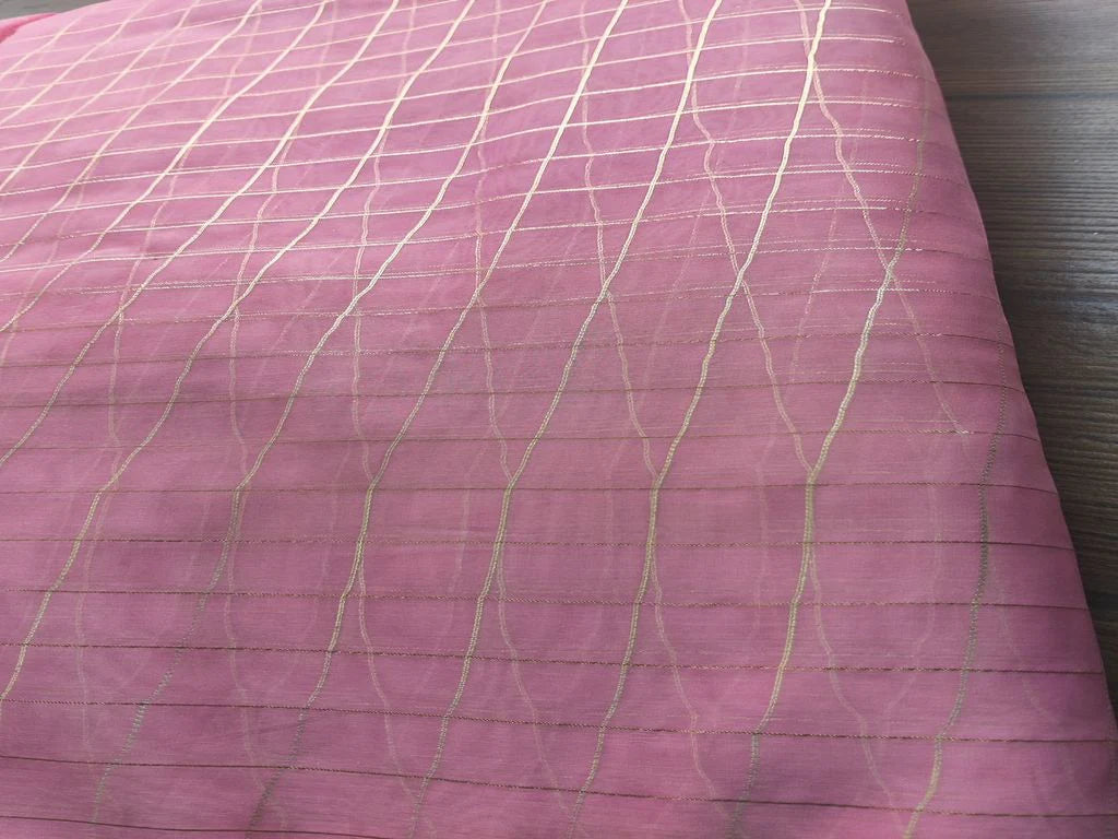Pink Checks Weaved Organza Fabric