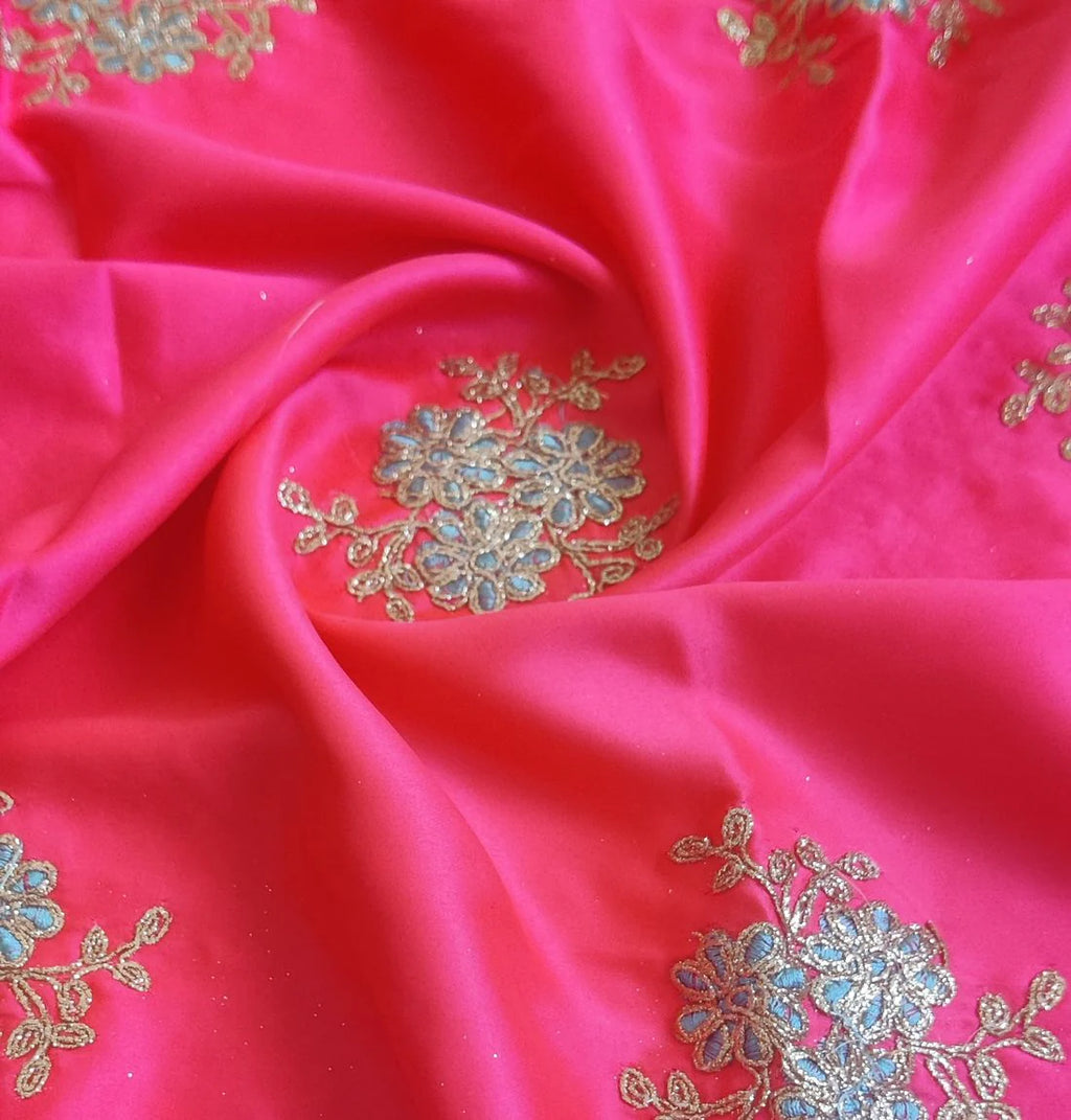 Hot Pink & Golden Motifs Dori Embroidered Satin Fabric