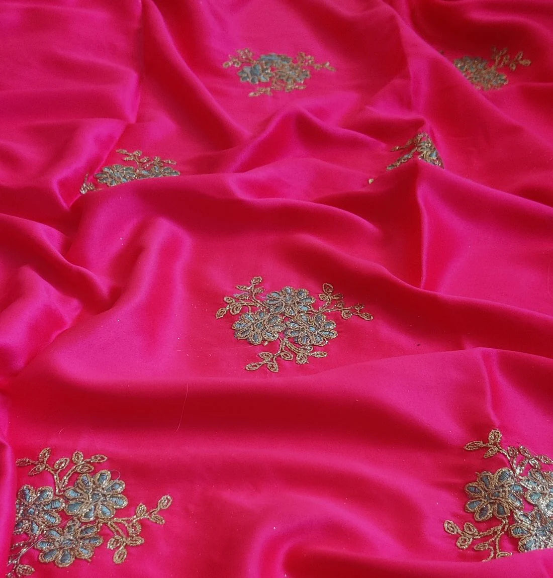 Hot Pink & Golden Motifs Dori Embroidered Satin Fabric