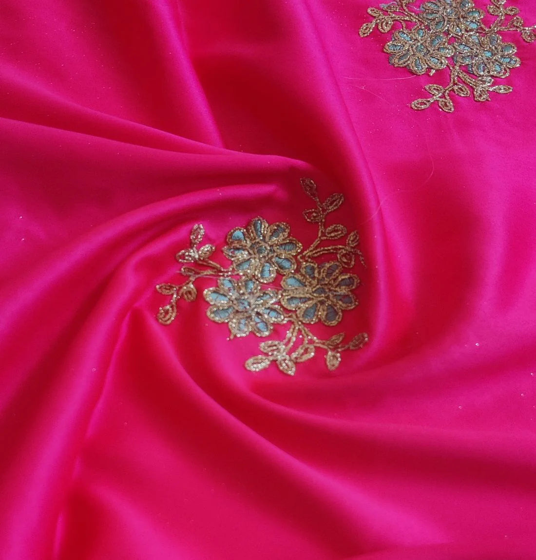 Hot Pink & Golden Motifs Dori Embroidered Satin Fabric