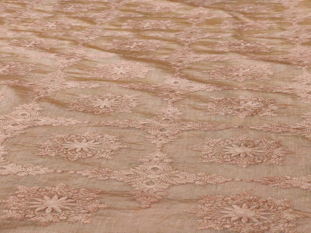 Peach Traditional Chikankari Embroidered Chanderi Fabric