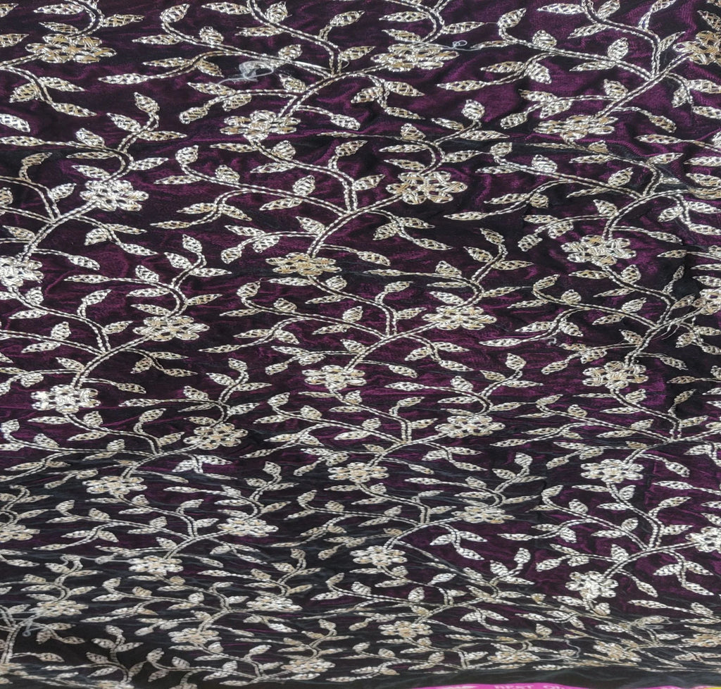 Wine & Golden Floral Embroidered Zardozi Velvet Fabric