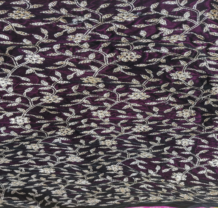 Wine & Golden Floral Embroidered Zardozi Velvet Fabric