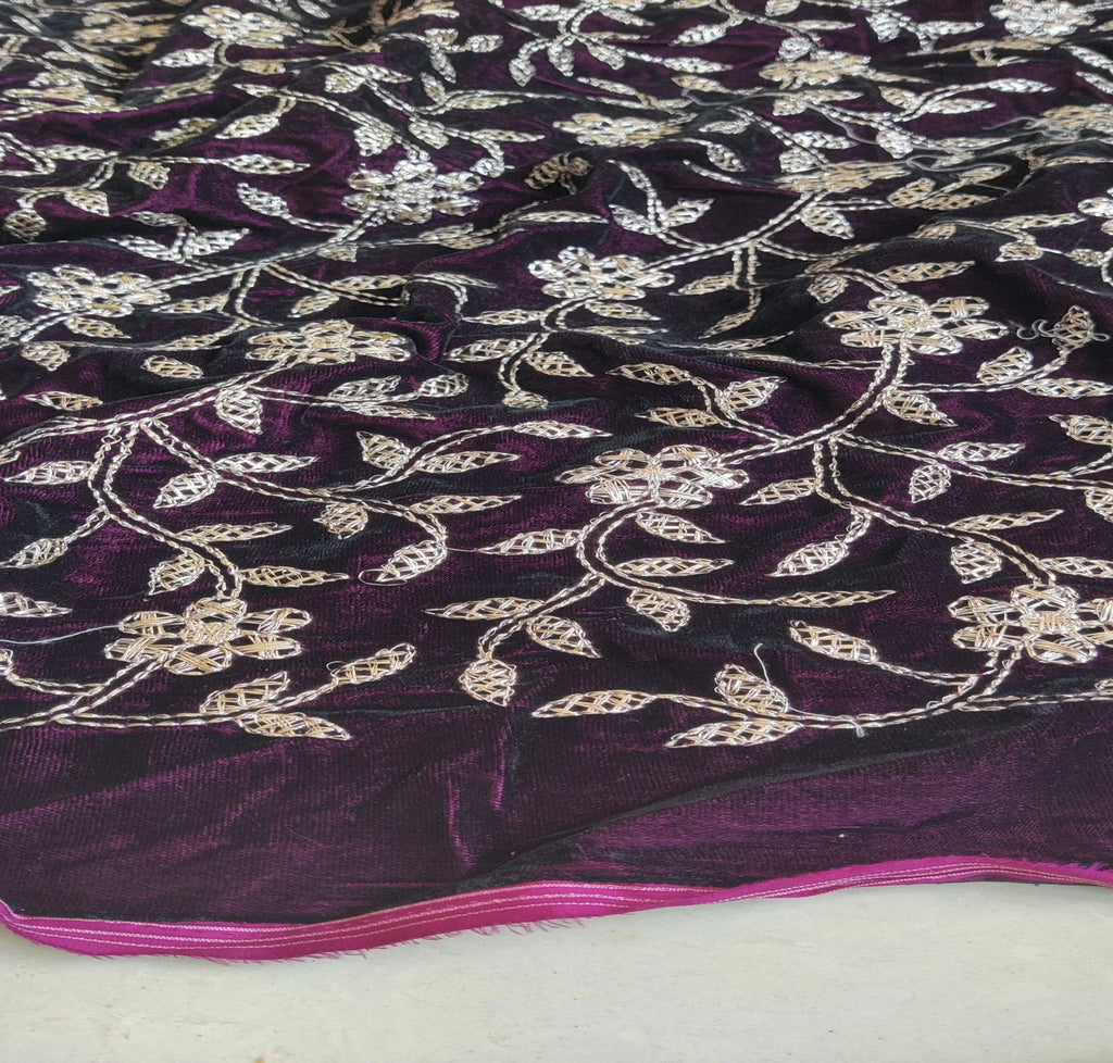 Wine & Golden Floral Embroidered Zardozi Velvet Fabric
