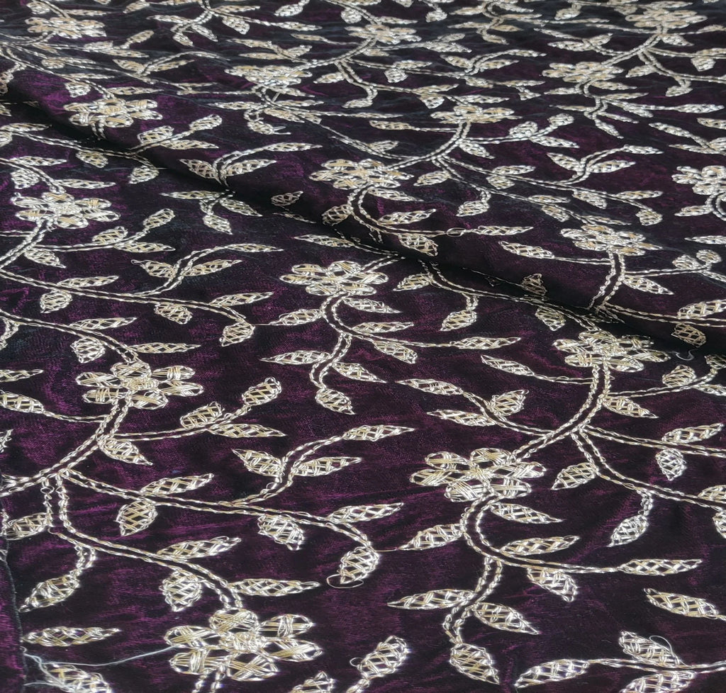 Wine & Golden Floral Embroidered Zardozi Velvet Fabric