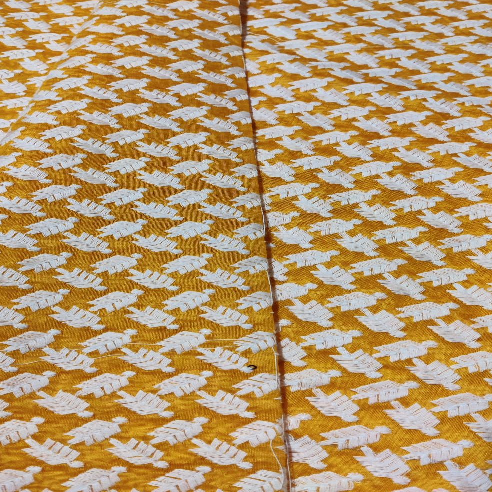 Mustard & White Motifs Thread Embroidered Chanderi Fabric