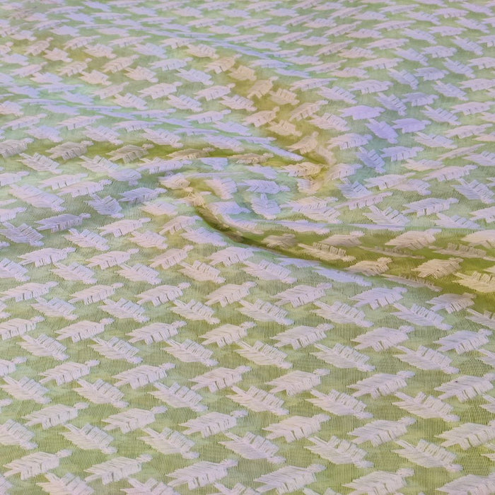 Light Green & White Motifs Thread Embroidered Chanderi Fabric