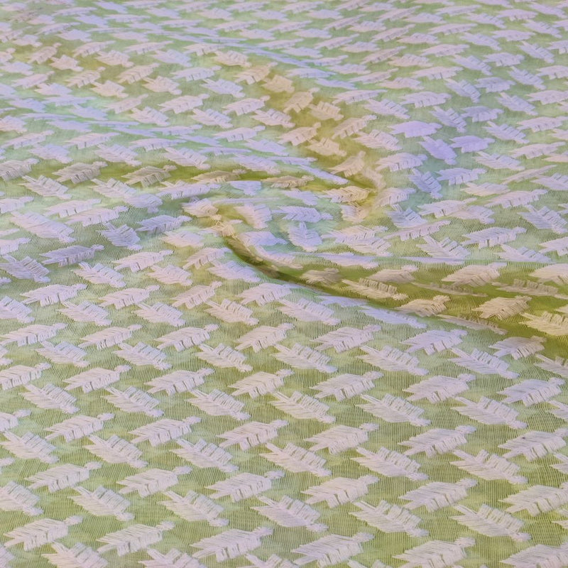Light Green & White Motifs Thread Embroidered Chanderi Fabric
