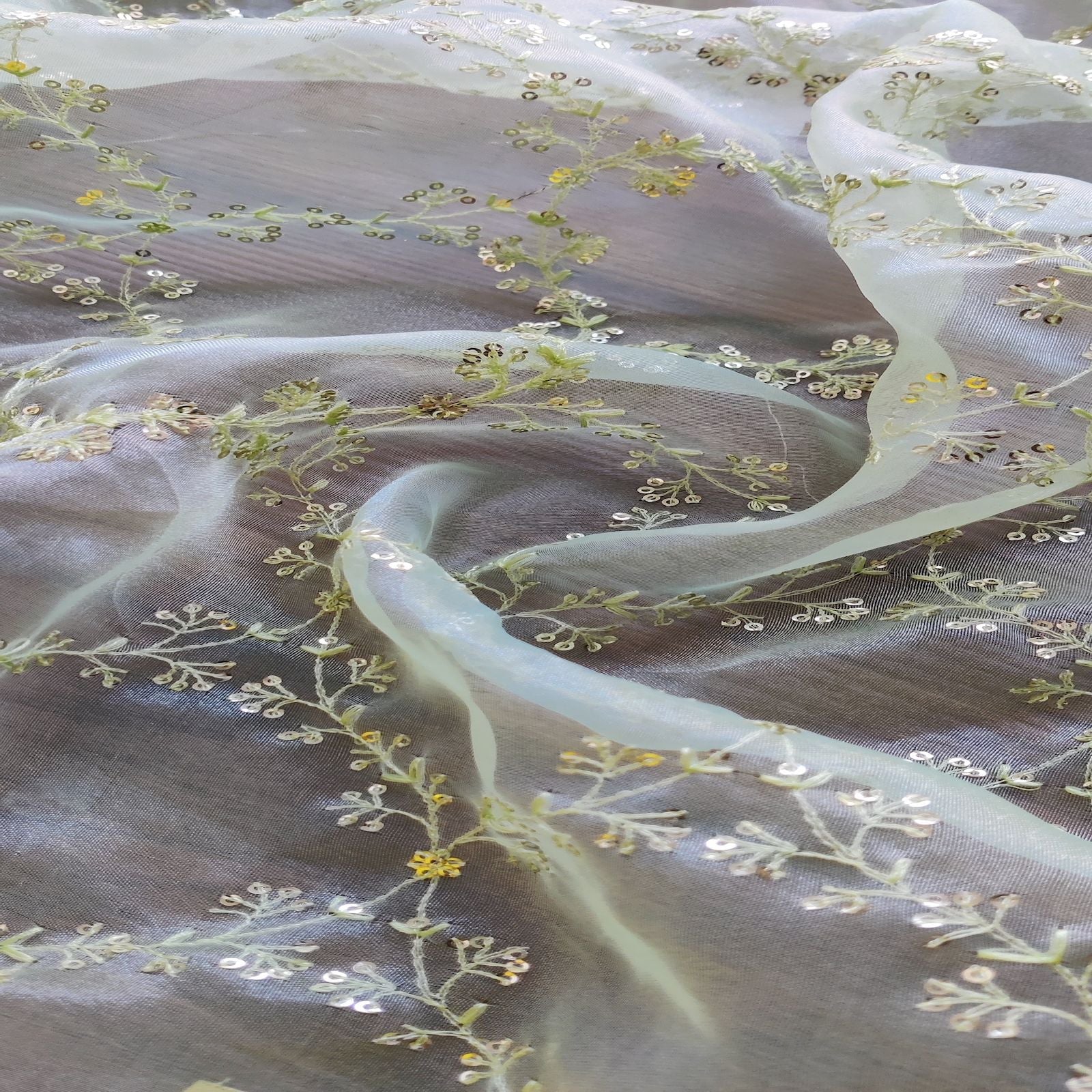 Light Green Traditional Thread & Sequins Organza Fabric