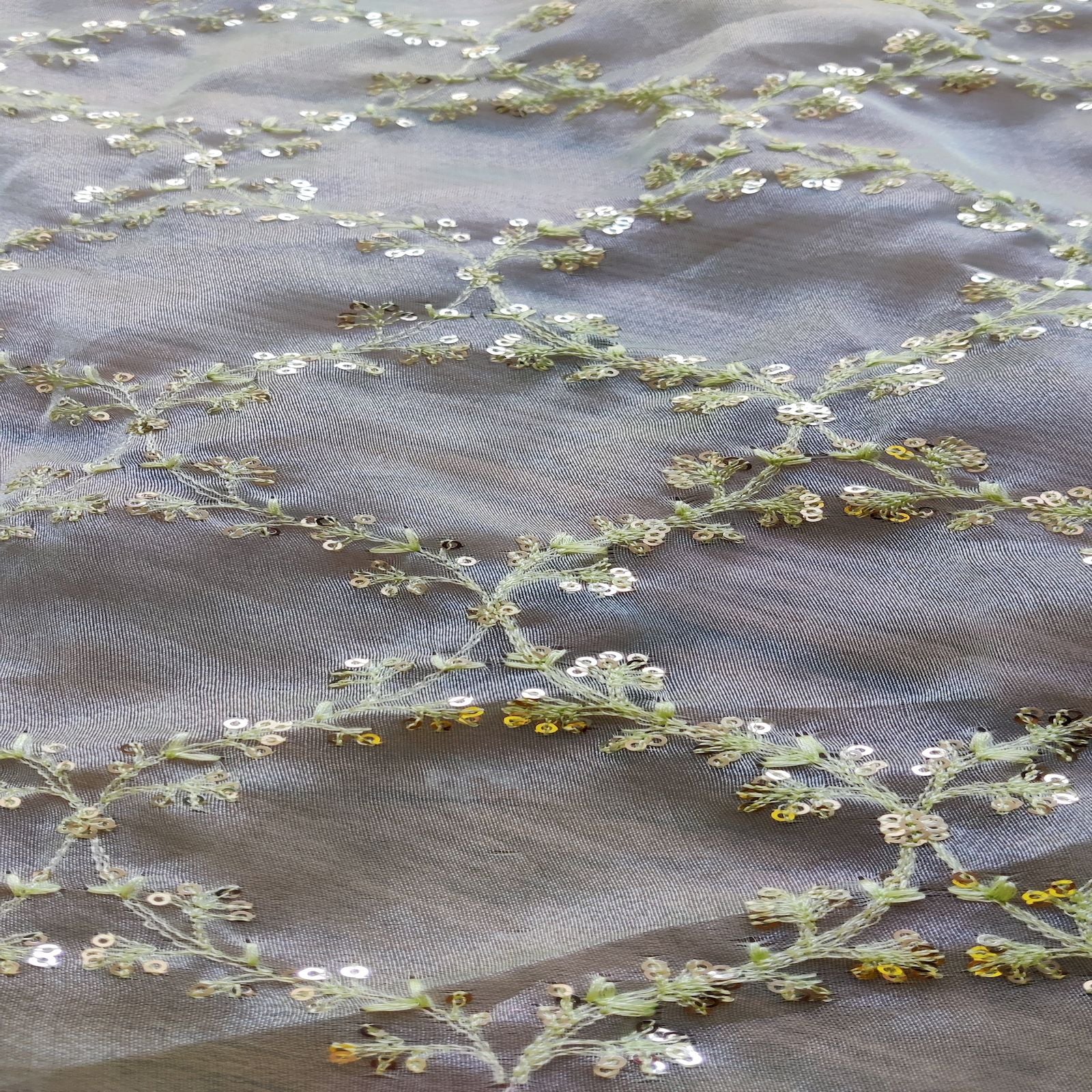 Light Green Traditional Thread & Sequins Organza Fabric