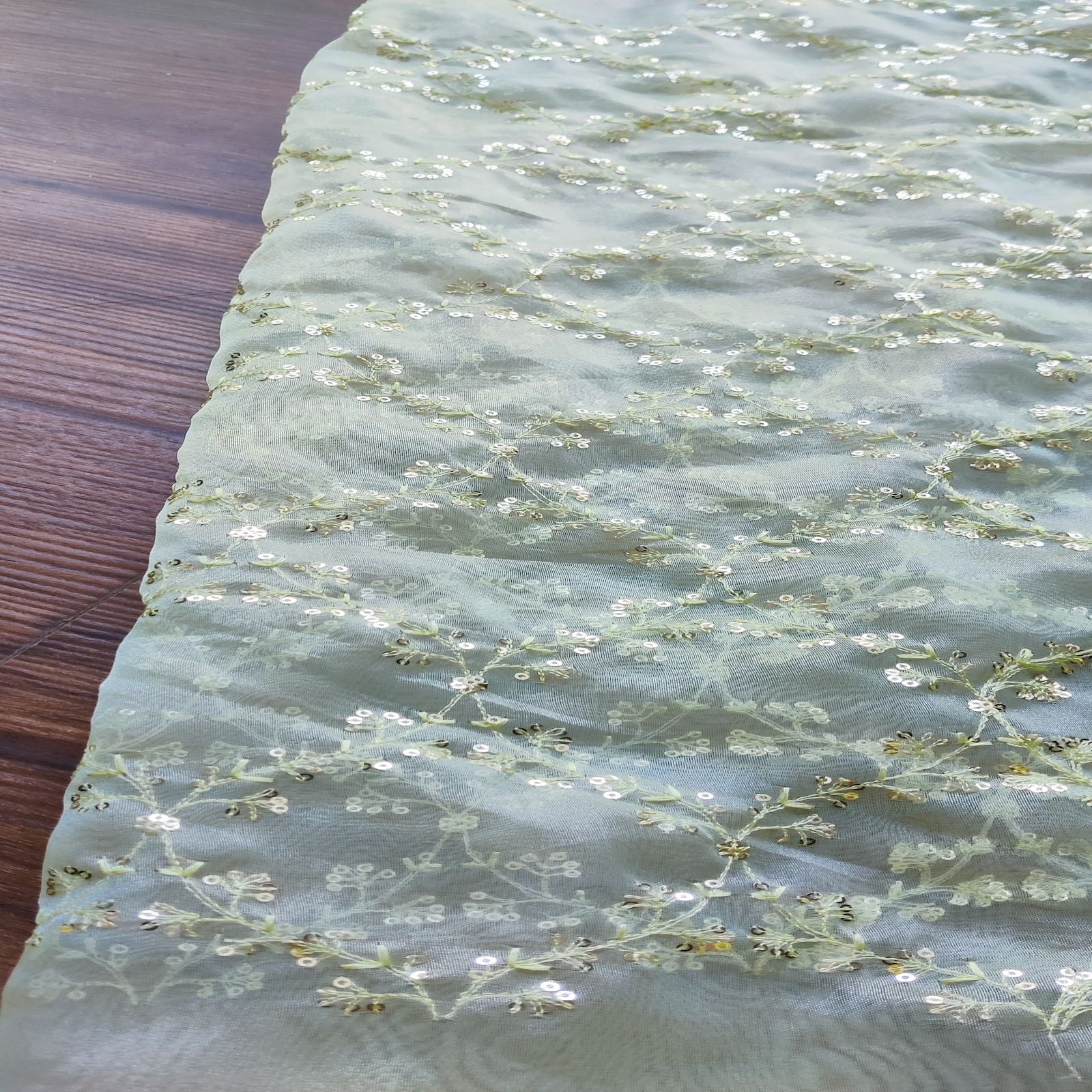 Light Green Traditional Thread & Sequins Organza Fabric