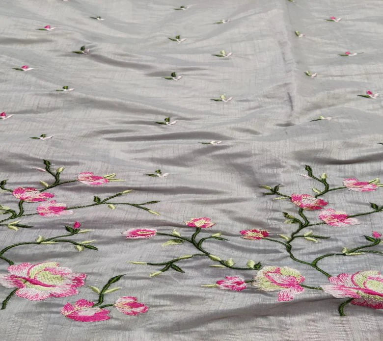 Grey Floral Embroidered Chanderi Fabric