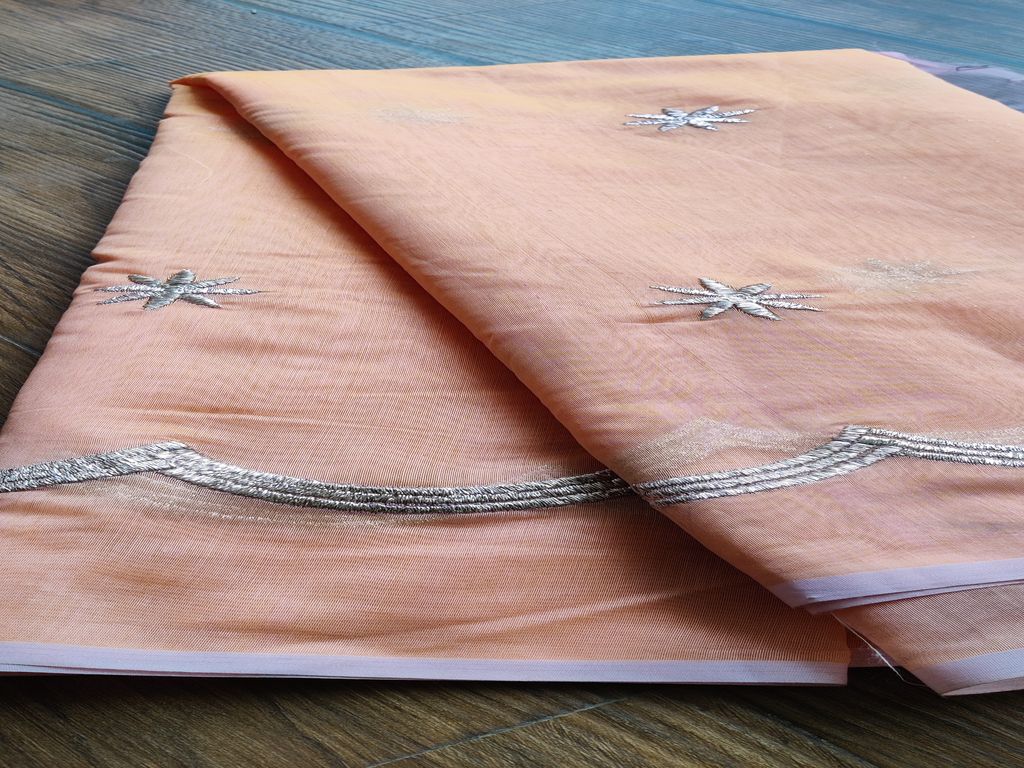 Peach Motifs Zardozi Embroidered Chanderi Fabric