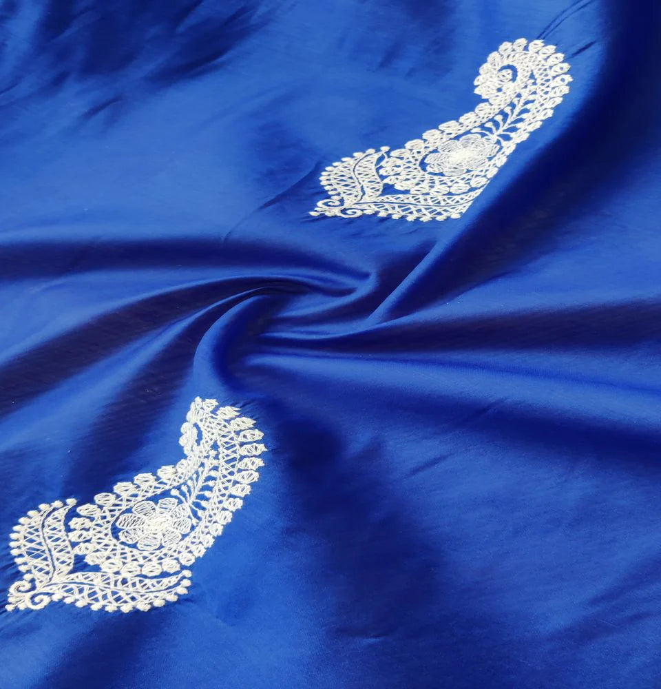 Blue Paisley Lakhnawi Embroidered Chanderi Fabric