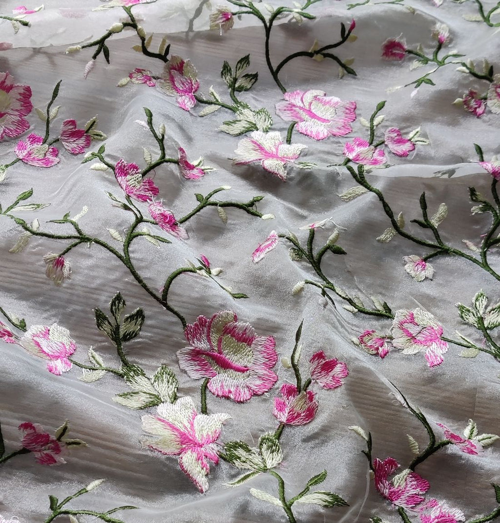 White & Pink Floral Embroidered Organza Fabric