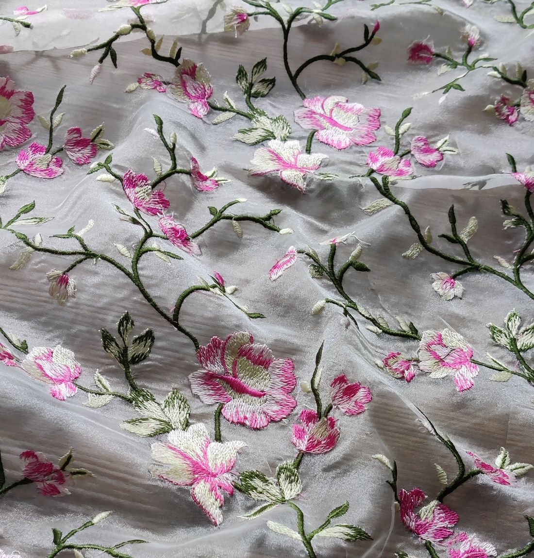 White & Pink Floral Embroidered Organza Fabric