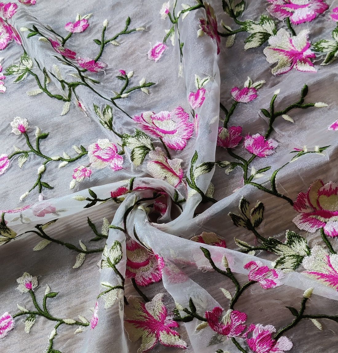White & Pink Floral Embroidered Organza Fabric