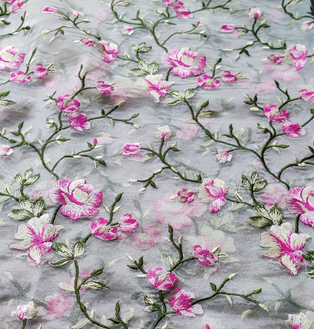 White & Pink Floral Embroidered Organza Fabric