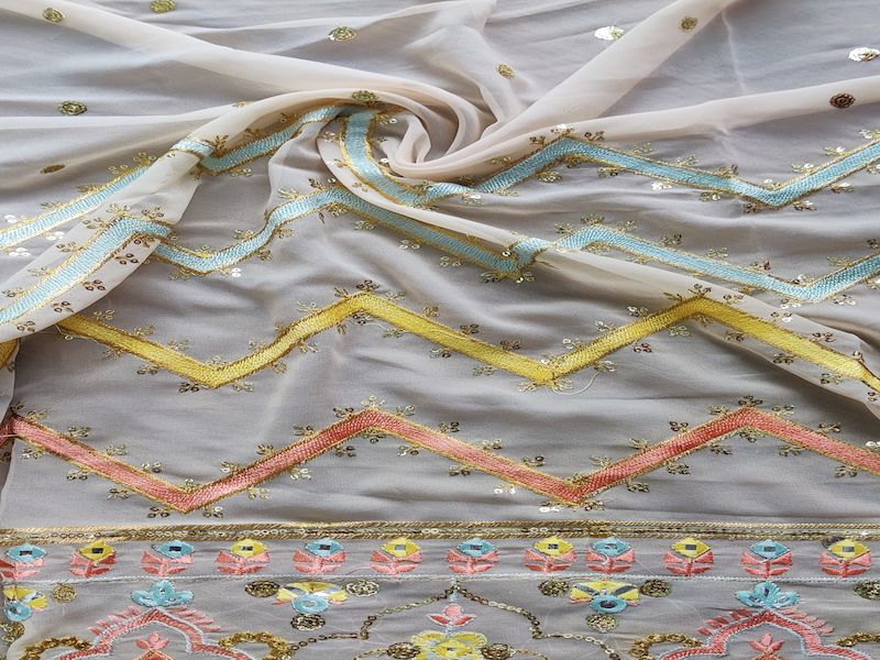 Multicolor Chevron Sequins Work Georgette Fabric