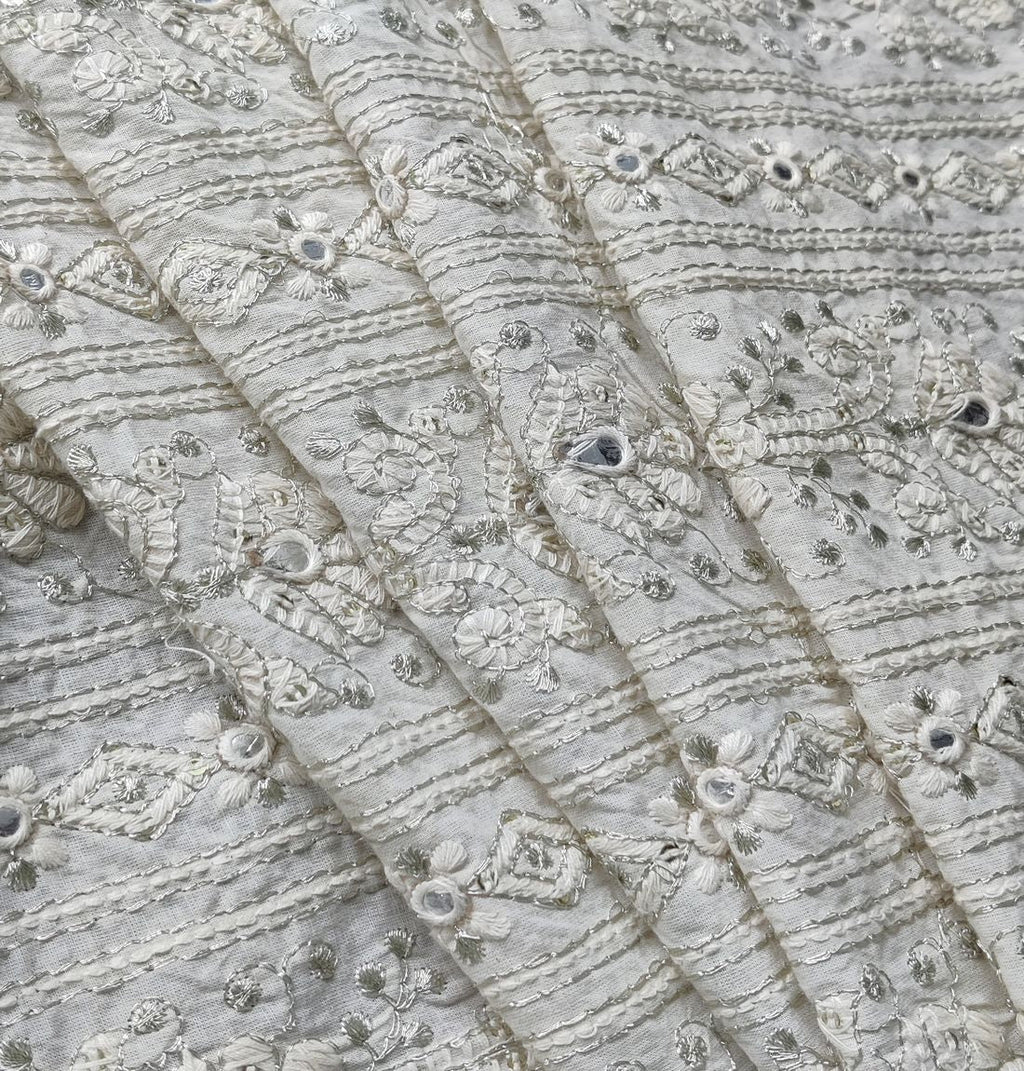 White Traditional Dyeable Faux Mirror Sequins Zardozi Cotton Fabric