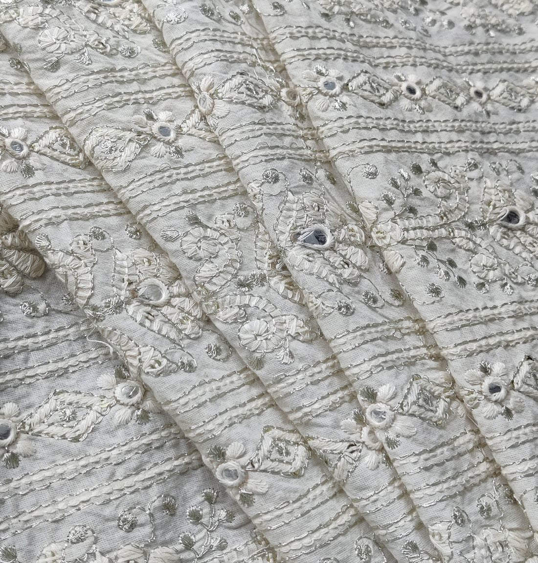 White Traditional Dyeable Faux Mirror Sequins Zardozi Cotton Fabric
