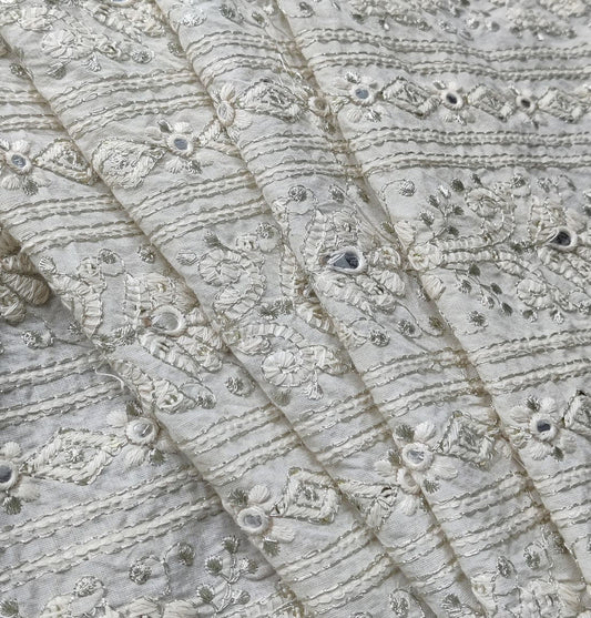 White Traditional Dyeable Faux Mirror Sequins Zardozi Cotton Fabric