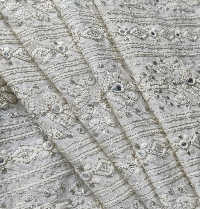 White Traditional Dyeable Faux Mirror Sequins Zardozi Cotton Fabric