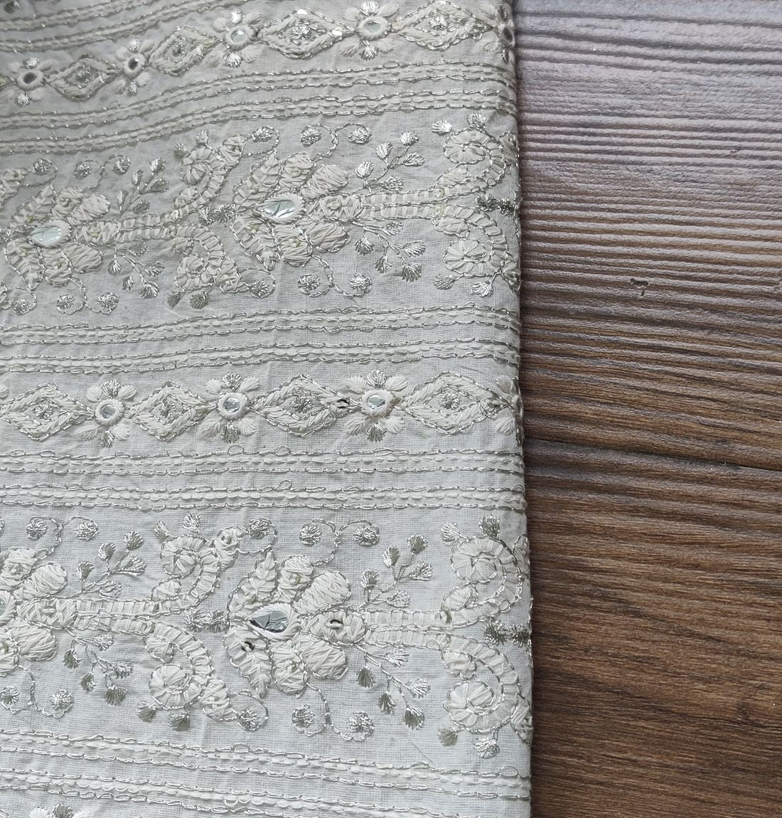 White Traditional Dyeable Faux Mirror Sequins Zardozi Cotton Fabric