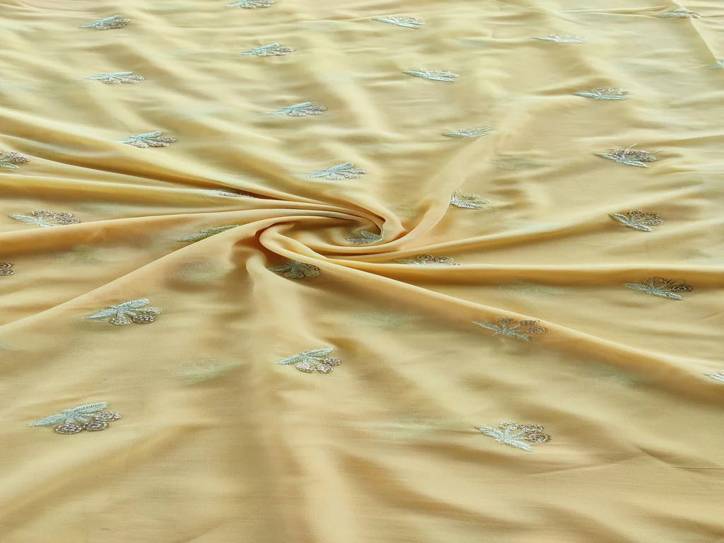 Light Yellow Motifs Sequins Embroidered Georgette Fabric