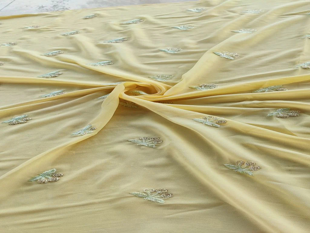 Light Yellow Motifs Sequins Embroidered Georgette Fabric