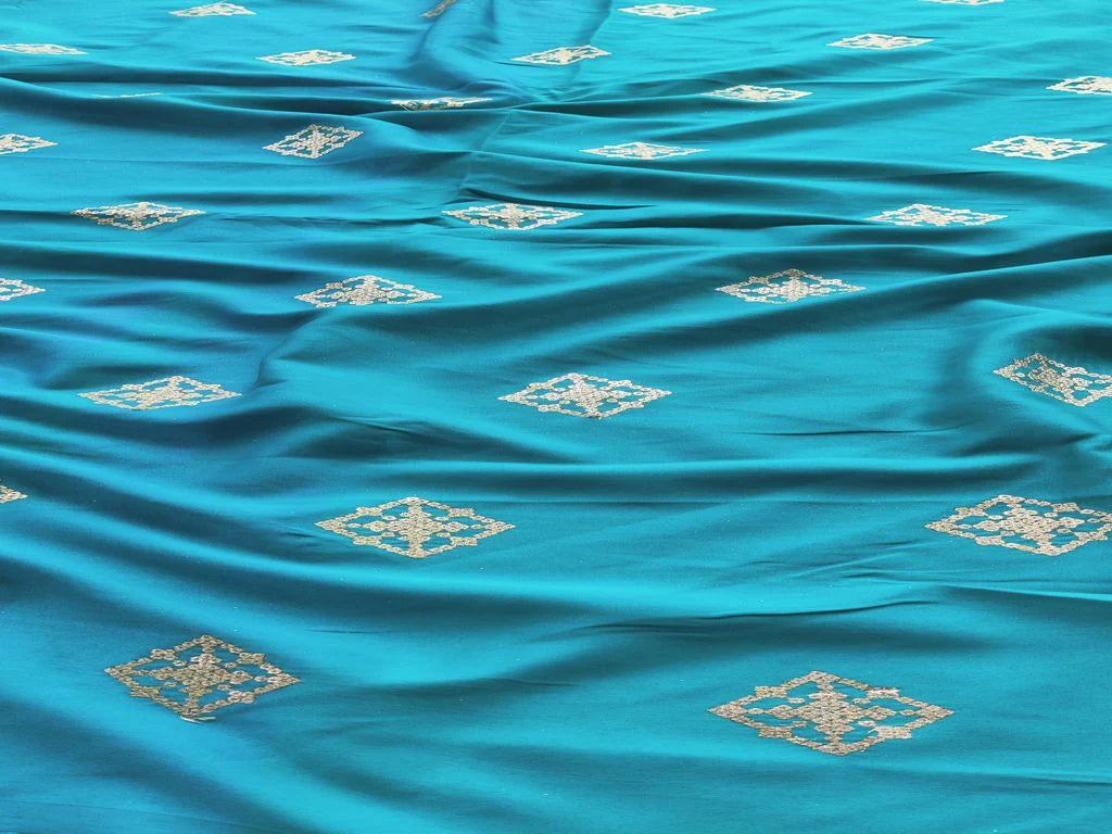 Turquoise Blue Motifs Golden Zari Embroidered Malai Satin Fabric