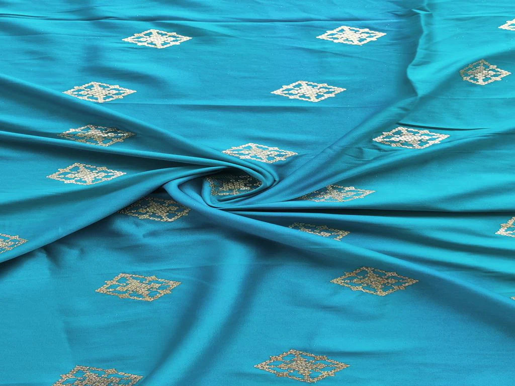 Turquoise Blue Motifs Golden Zari Embroidered Malai Satin Fabric