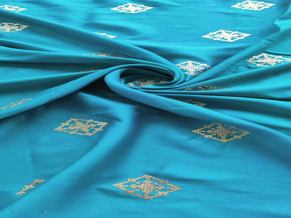 Turquoise Blue Motifs Golden Zari Embroidered Malai Satin Fabric