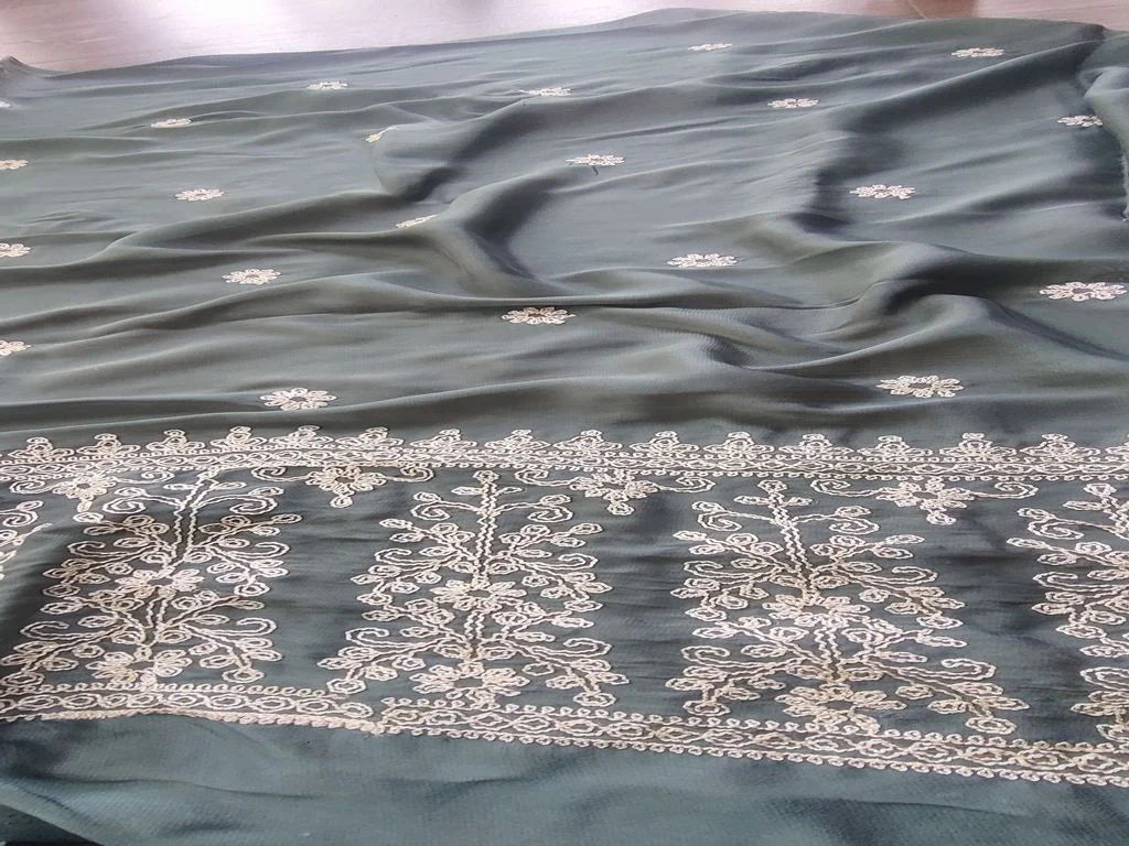 Olive Green & Beige Traditional Daaman Border Georgette Fabric