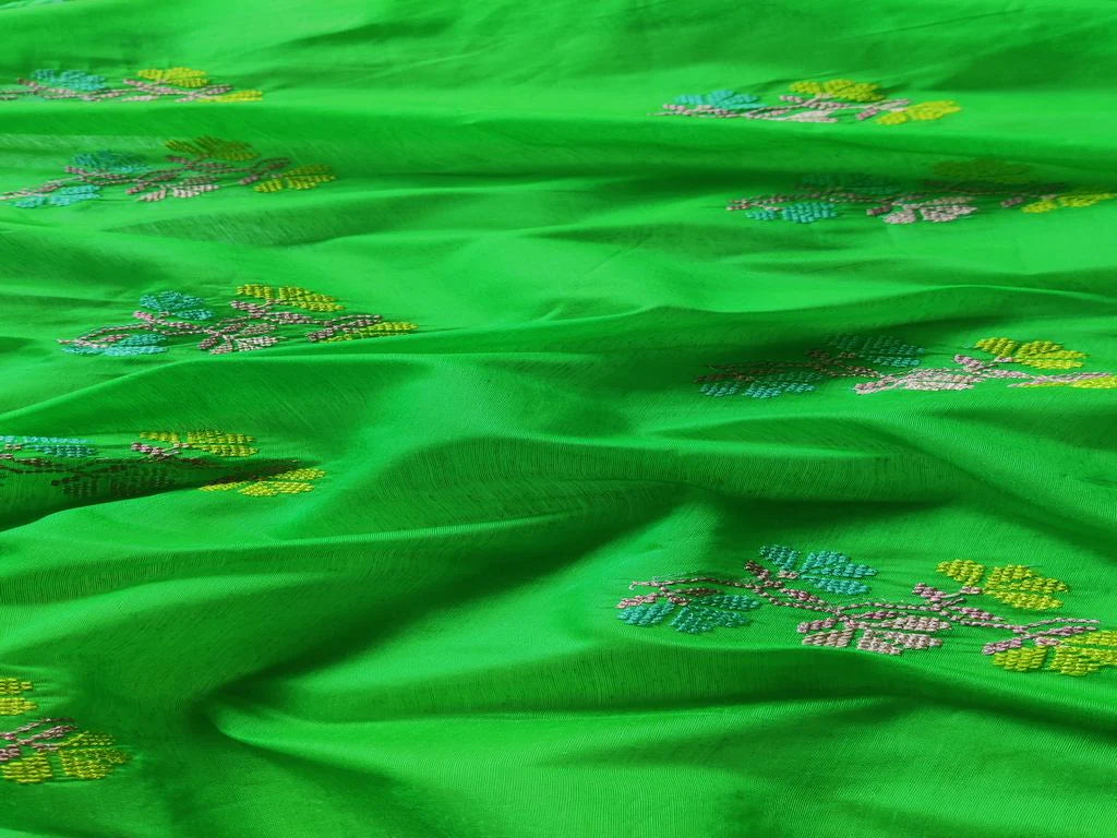 Green Motifs Cross Stitch Embroidered Chanderi Silk Fabric