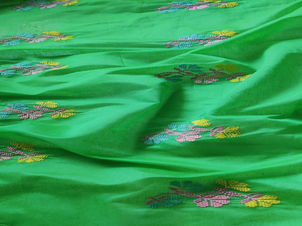 Green Motifs Cross Stitch Embroidered Chanderi Silk Fabric