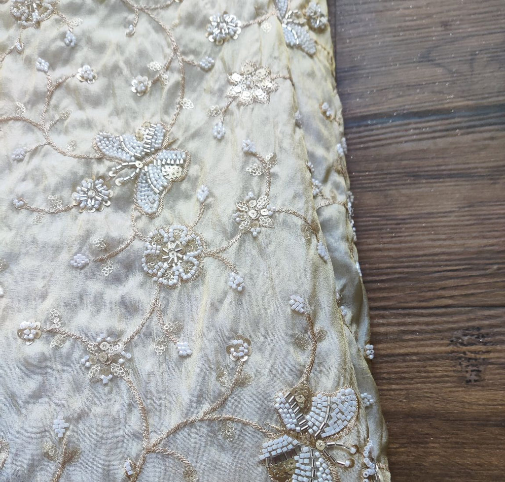 Off White Floral Hand Embroidered Dyeable Russian Tissue Silk Fabric