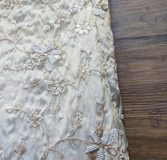 Off White Floral Hand Embroidered Dyeable Russian Tissue Silk Fabric