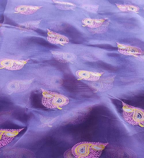 Greyish Purple Multi Thread Embroidered Organza Fabric