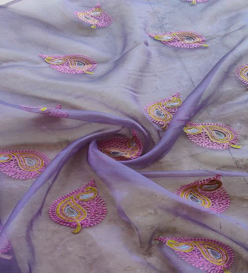 Greyish Purple Multi Thread Embroidered Organza Fabric