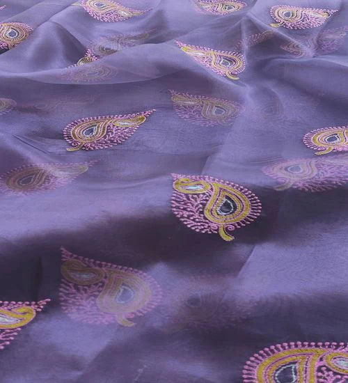 Greyish Purple Multi Thread Embroidered Organza Fabric
