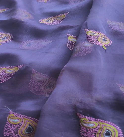 Greyish Purple Multi Thread Embroidered Organza Fabric